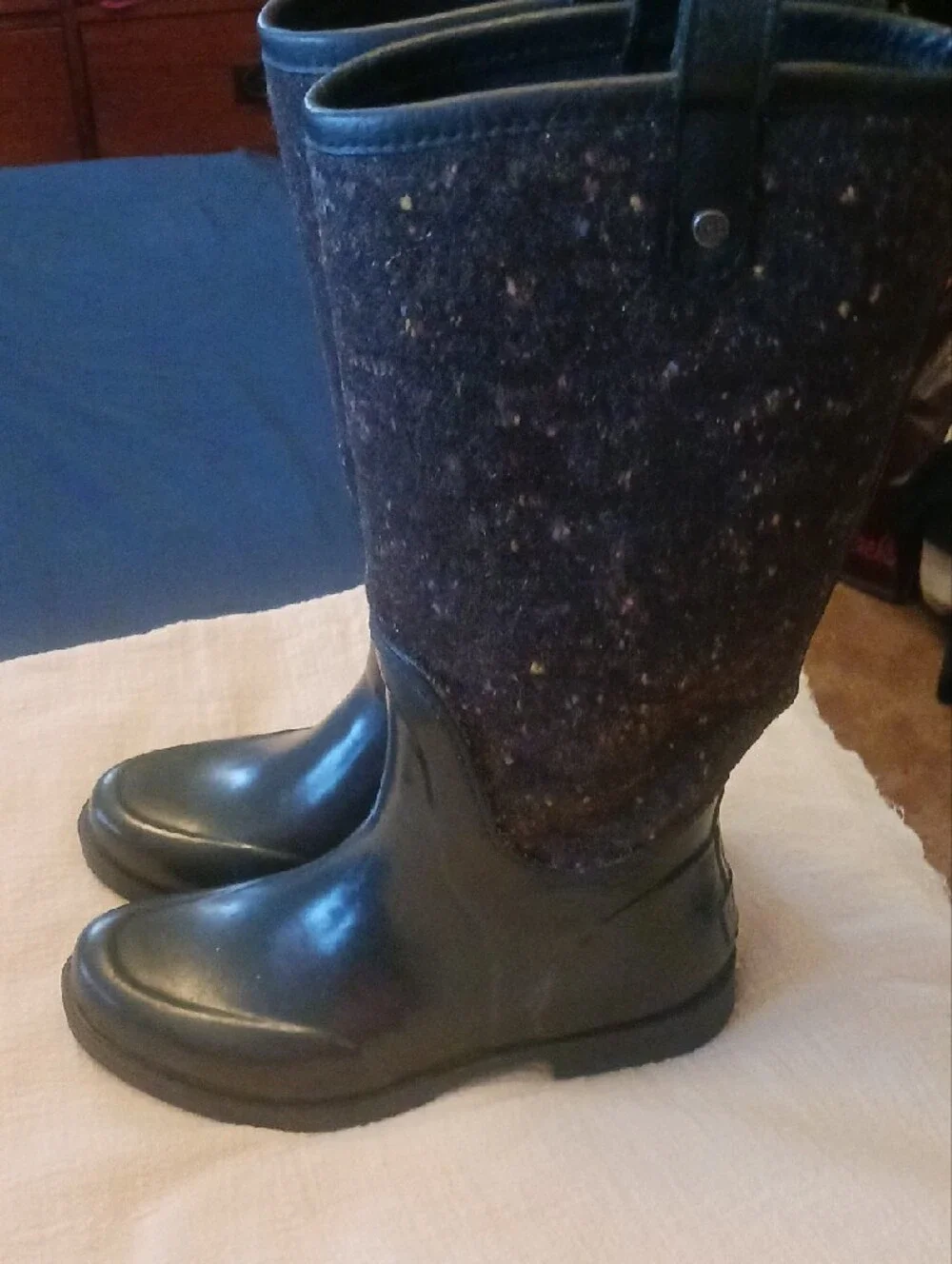 UGG Black Leather and Wool Tall Winter Rain Boots